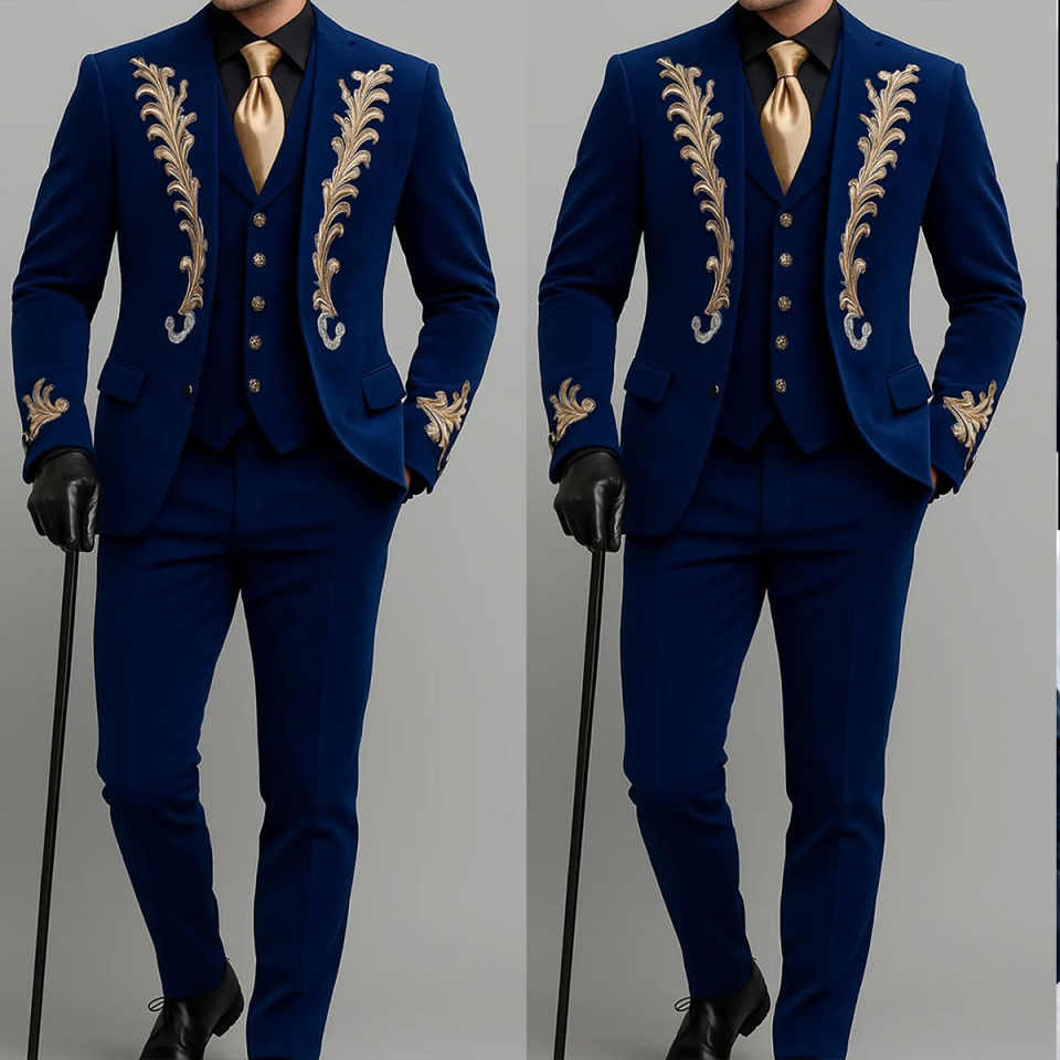 Gold Appliques Men Tuxedos 3 Pieces Customized Classic Fit Groom Pants Suits Fashion Birthday Party Show Wear
