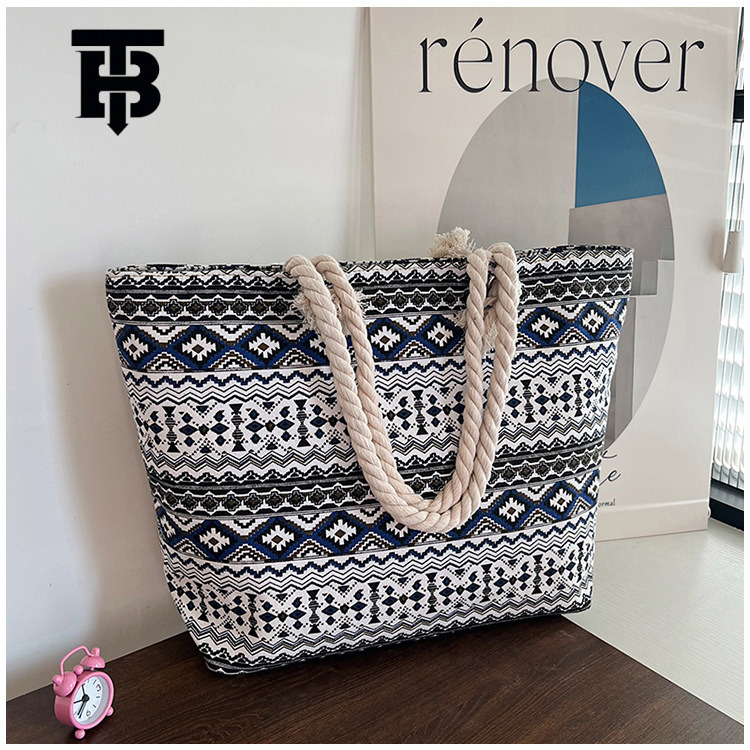 TB BHULAMTE Cross-Border New Designer s bag Canvas Large Capacity Tote Bag Ethnic Style Striped Thick Rope Shoulder Bag for Work Commute Handbag for W