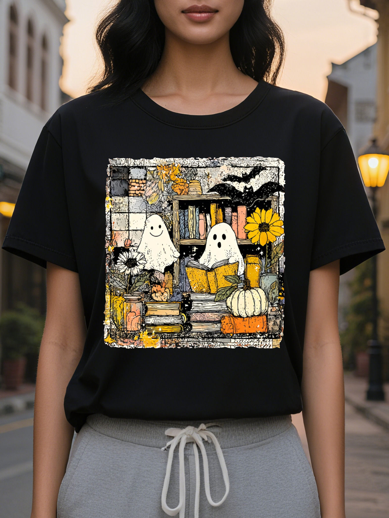 Large XL Women's T-Shirt Cute Print Short Sleeve Round Neck Top Spooky Bats Witches Pumpkins Cozy Autumn Colors in Orange Plus Size
