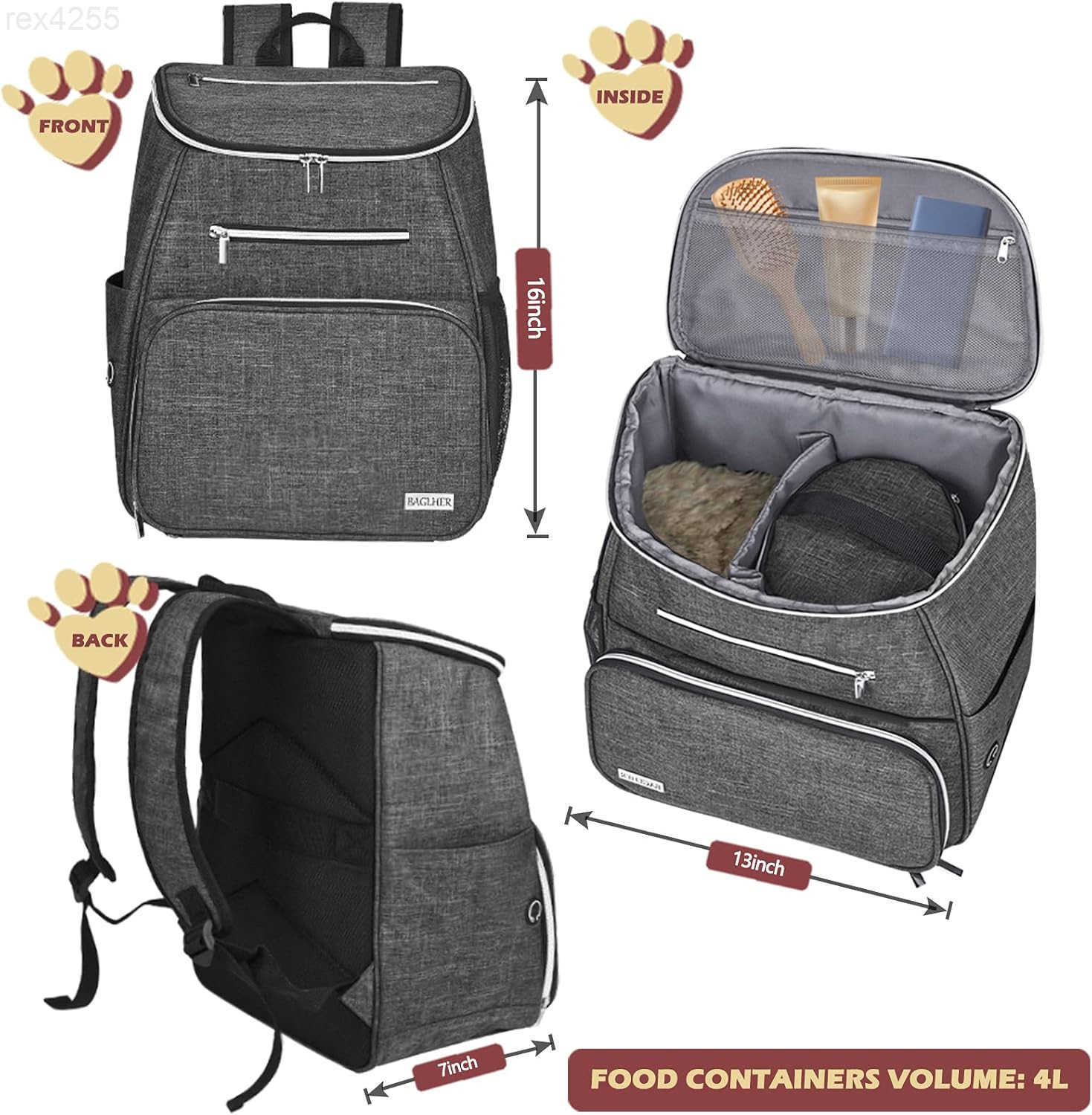 Dog Travel Bag Backpack Airline Approved Pet Supplies Backpack Dog Travel Backpack with 2 Silicone Collapsible Bowls and 2 Food Baskets GreyW250904