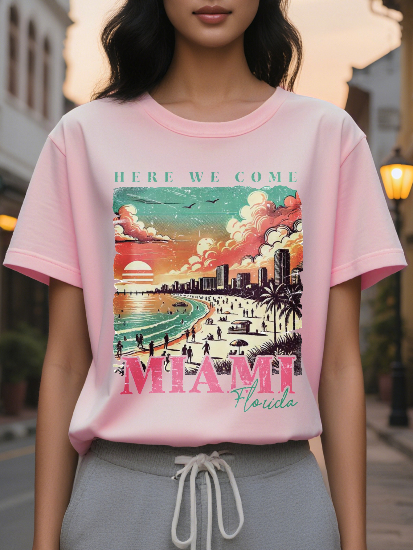 Miami Florida sleeve T-shirt vivid sunset design casual round neck regular version very suitable for autumn