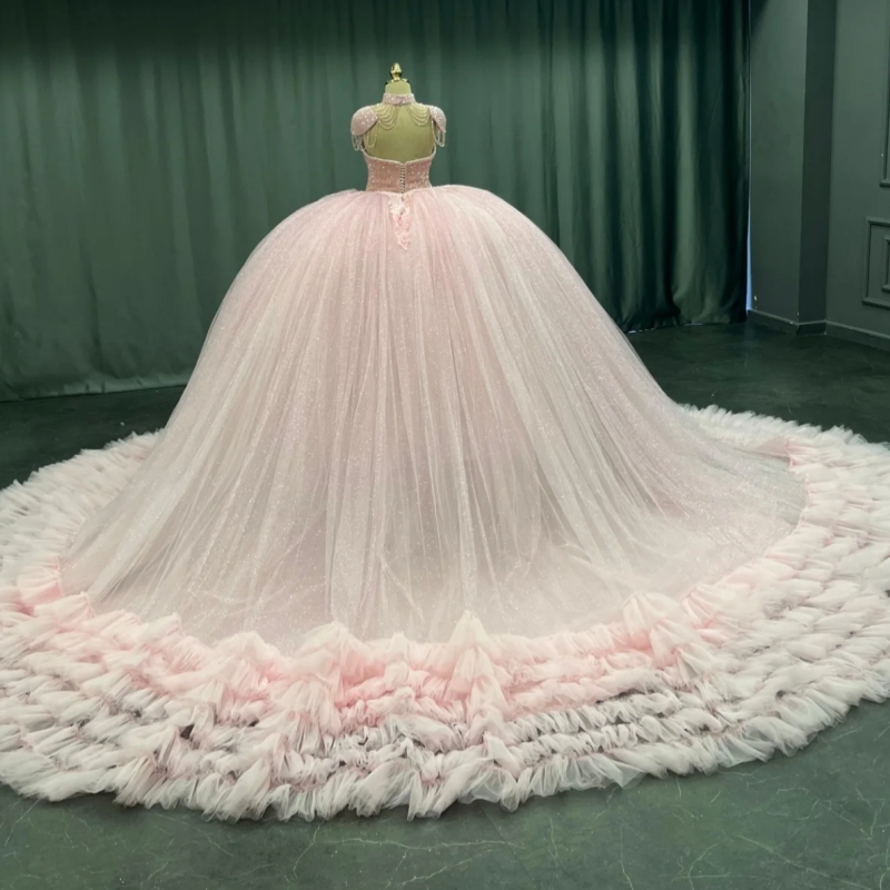 Pink Shiny Princess Off the Shoulder Sweet 16 Dress Quinceanera Dresses Applique Lace Beads Tiered Tull Party Birthday Vestidos 15 De Anos