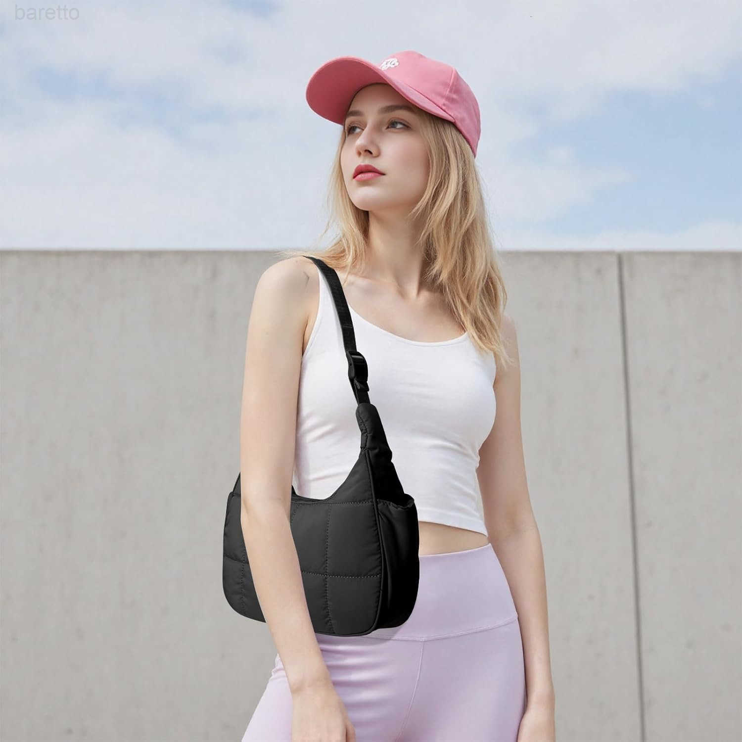 Small Puffer Crescent Shoulder Bag for Women Lightweight WaterResistant Nylon Purse with Adjustable Strap Multiple Pockets M250903