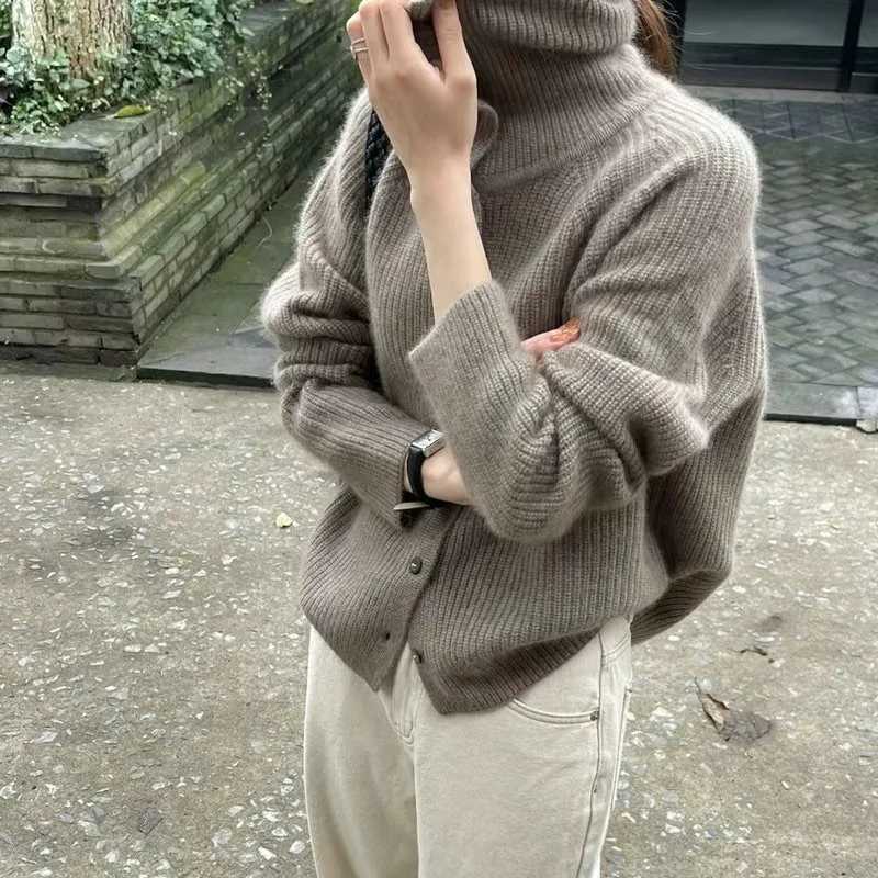 Turtleneck Cardigan Ladies 100 pure woolen sweater Autumn and winter loose thickened cashmere base sweater knitted coat tide M250904