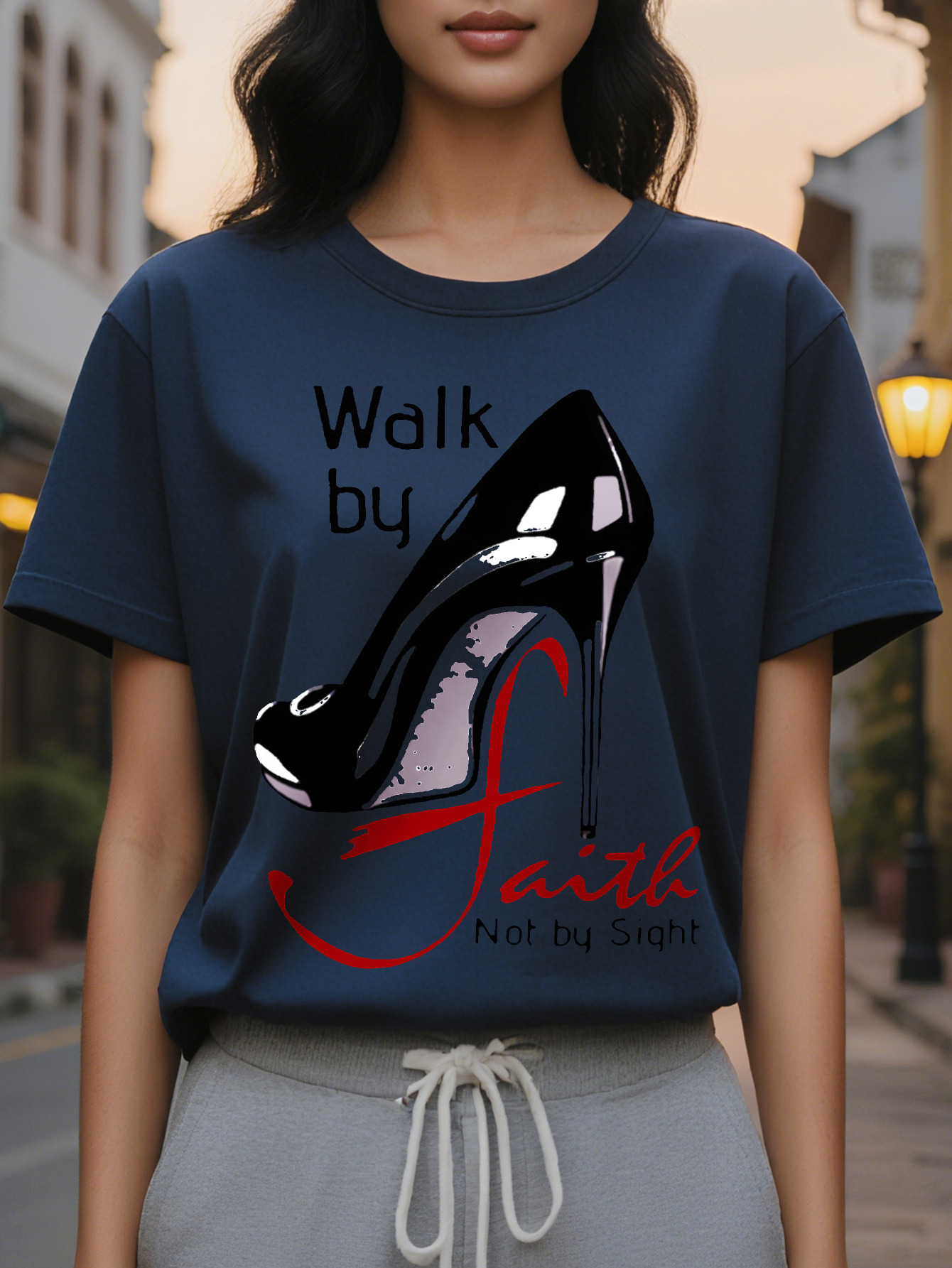 Large XL Walk by Faith Graphic Tee Soft Mid Elasticity Cotton Crew Neck Short Sleeve Top SpringSummer Regular Length hine Plus Size