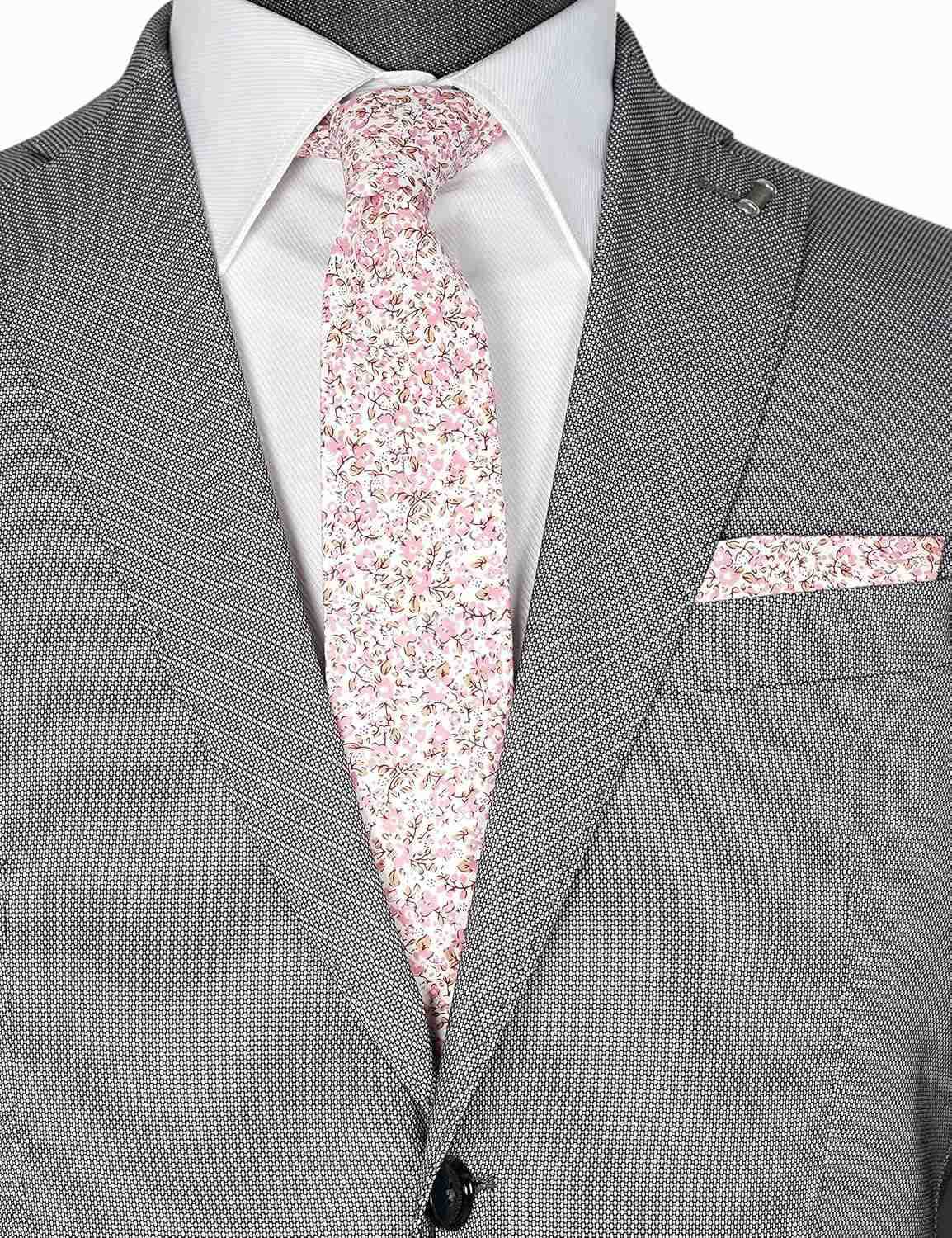 Mens Casual Skinny Floral Tie Combo Set with Flower Pocket Square 2 Cotton Necktie Hand MadeW250904