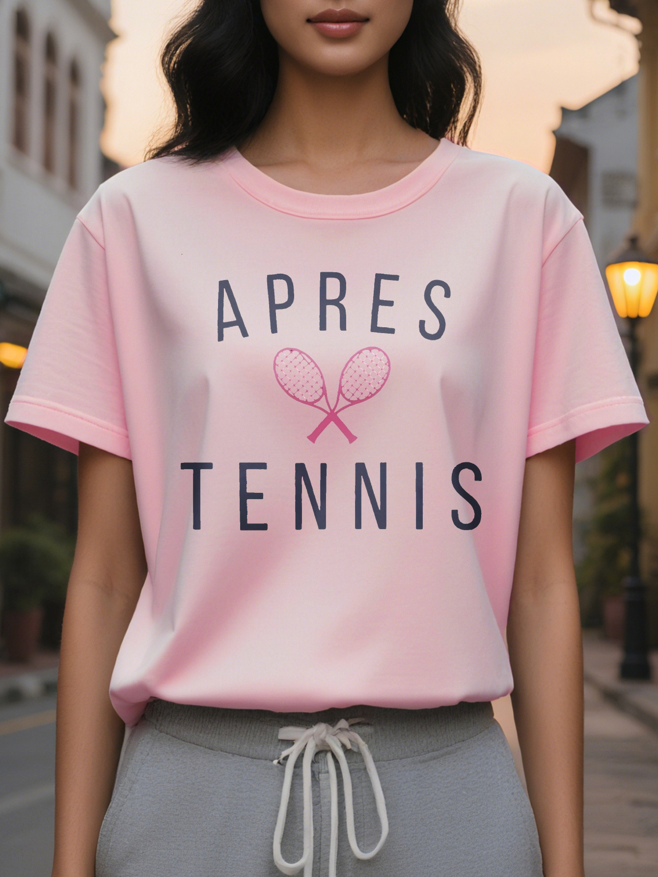 APRES Women's Tennis Pattern T-shirt Slim Fit Short Sleeve Top Eye-catching Letters Racket Design Breathable White