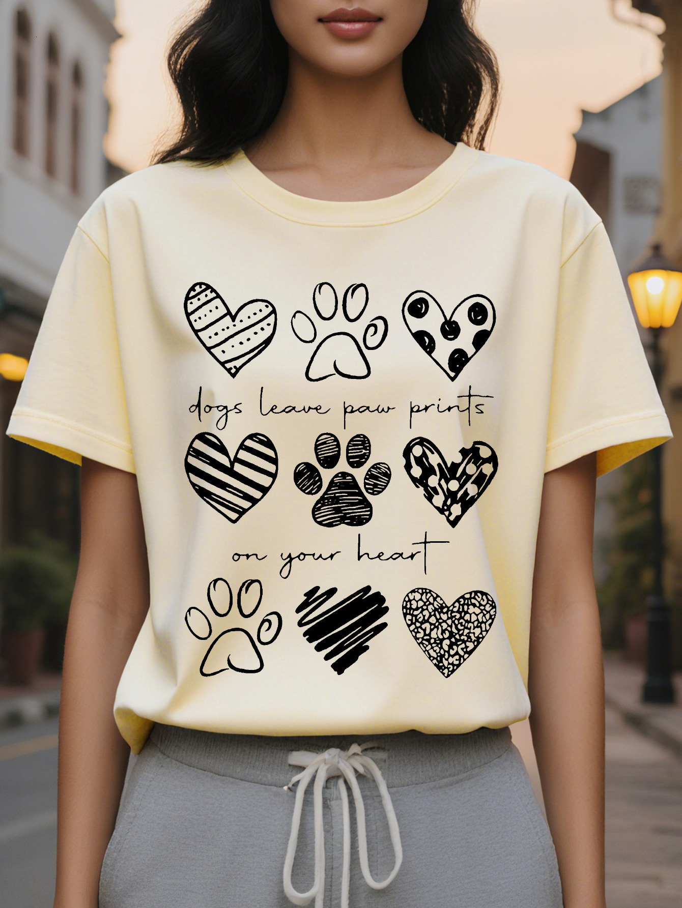 Women's Cute Print Short Sleeve T-Shirt Dogs Leave Paw Marks On Your Heart Design White Round Neck Casual Top Spring