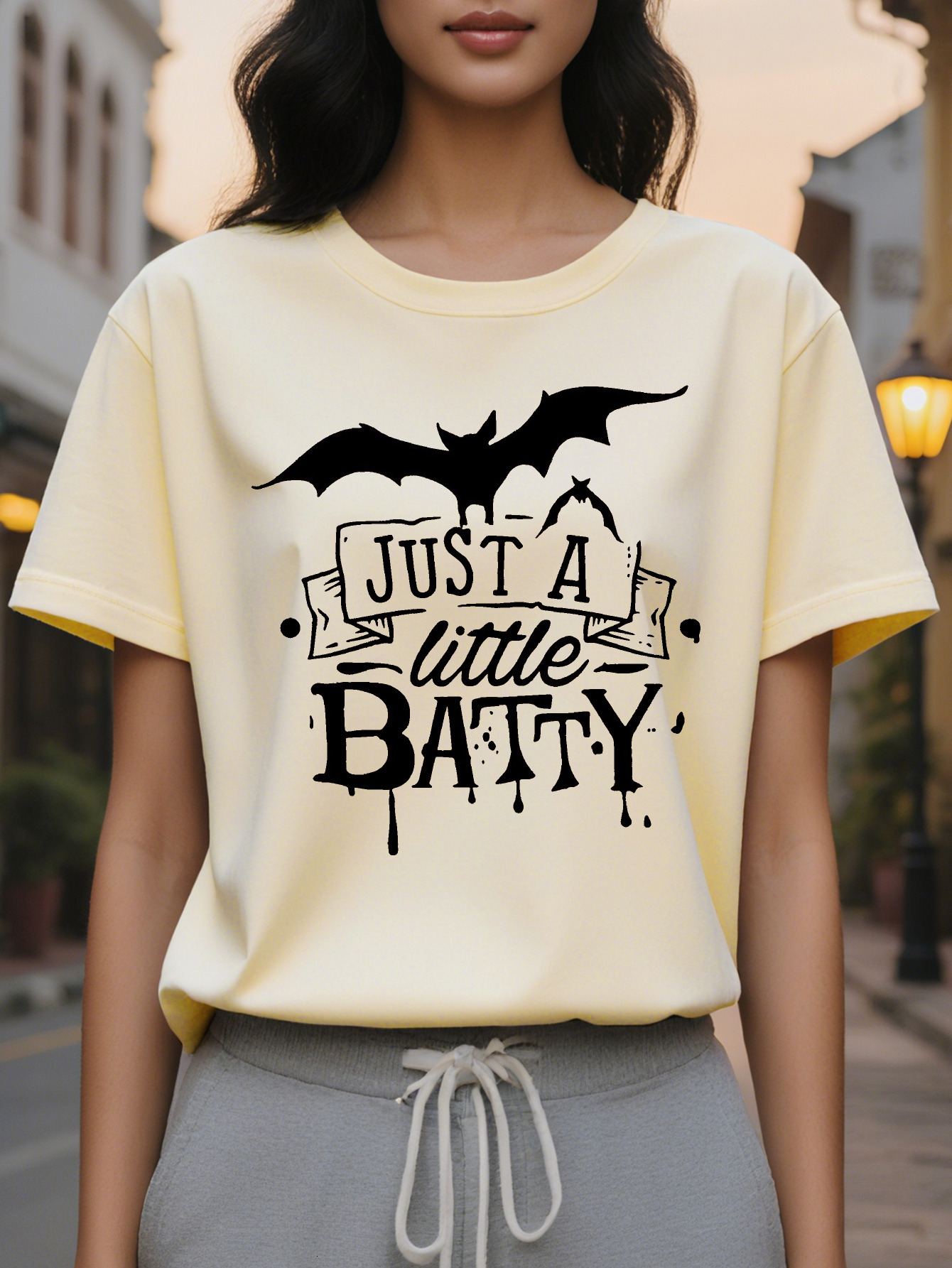 Women s Dark Gray Gothic Bat Graphic Tee JUST A LITTLE BATTY Vampire Saying Soft Everyday Halloween Party Shirt