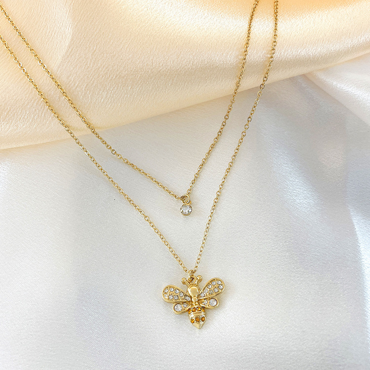 Elegant Jewelry Classic Little Bee Inlaid Dia Pendant Double Layer Clavicle Chain Versatile Women's Necklace Hardware Girl