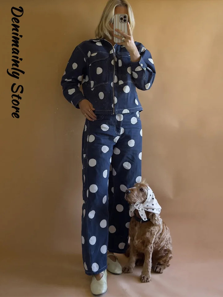 Fashion Polka Dots Blue Denim Jacket Pants Set Women Lapel Full Sleeve Zipper Top Wide Leg Trousers Autumn Lady Outfits 250904