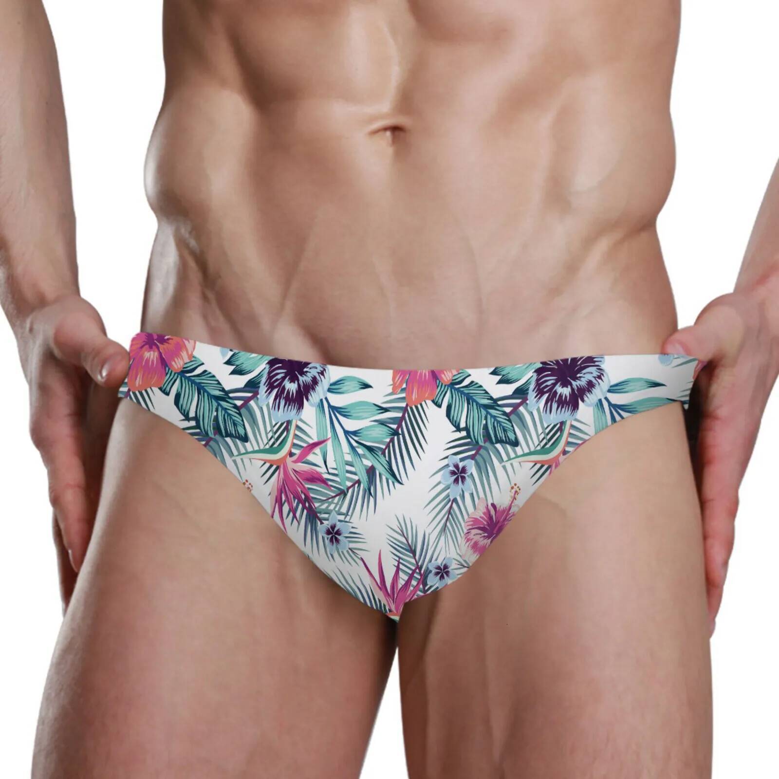 Fashion Swim Suit Sexy Low Waist Push Up Padded Mens Swimwear Briefs Beach Surfing Swimming Trunks Palm Tree Bathing