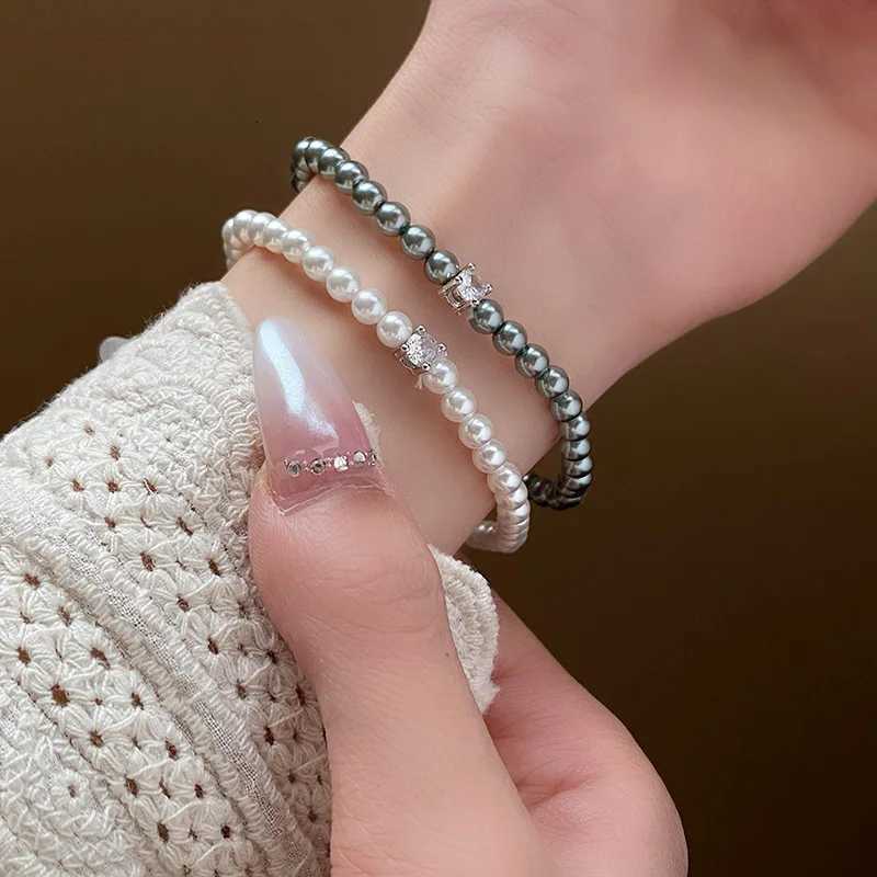 antic French Shiny Zircon White Gray Simulated Pearl Beaded Strand Bracelets for Women Simple Elegant Jewelry Accessories Y250904