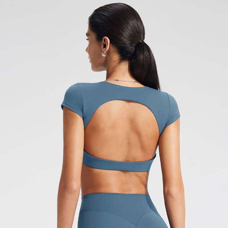 NCLAGEN Women's Yoga T-Shirt Short Sleeves Built-In Bra Backless Fiess Top Beautiful Back Gym Clothes Form-Fitting Running Tee