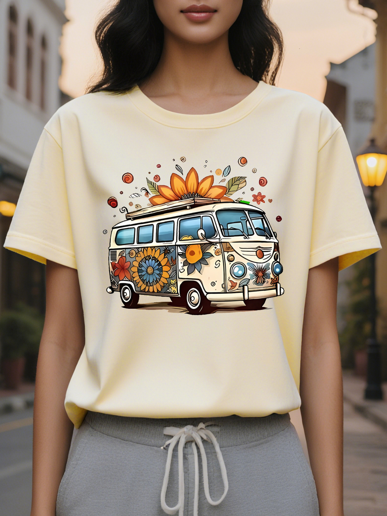 Large XL Women's Hippie Retro Bus Graphic T-Shirt Vintage Floral Peace Sign Print Soft Beige Crew Neck Short Sleeve Top Plus Size