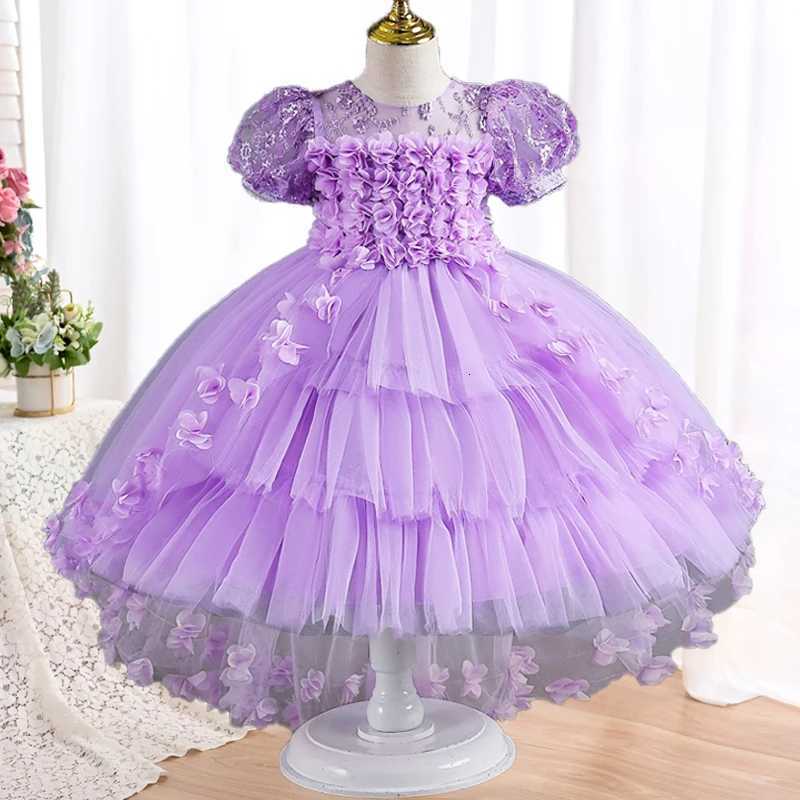 New Birthday Party Ball Girl Princess Dress Lace Petals Wedding Dress Princess Dress Girl Tail Childrens Elegant Evening Dress Z250904