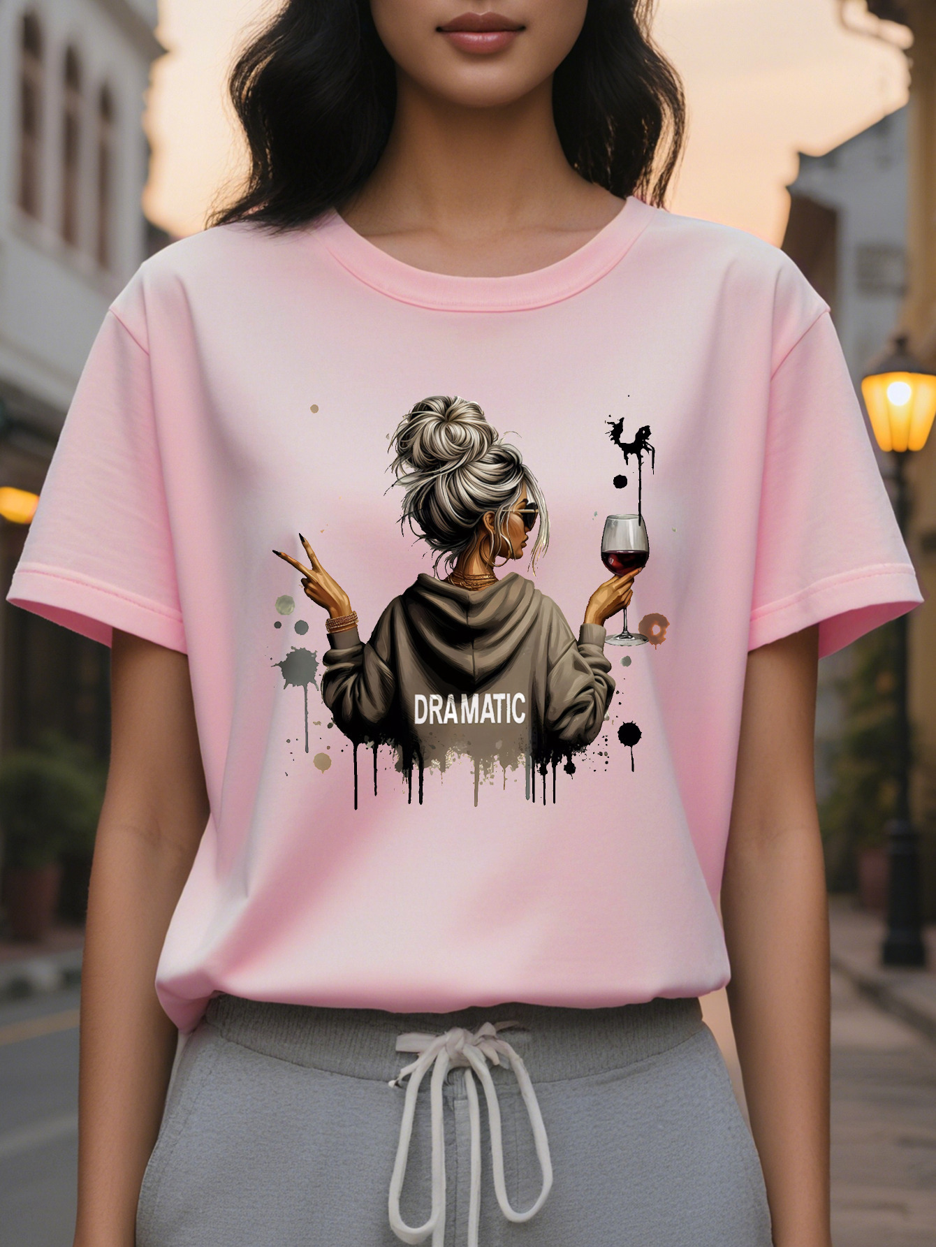 Women's White Pattern T-Shirt Eye Catching Letter Printing Elegant Summer Round Neck Short Sleeve Washable Wine