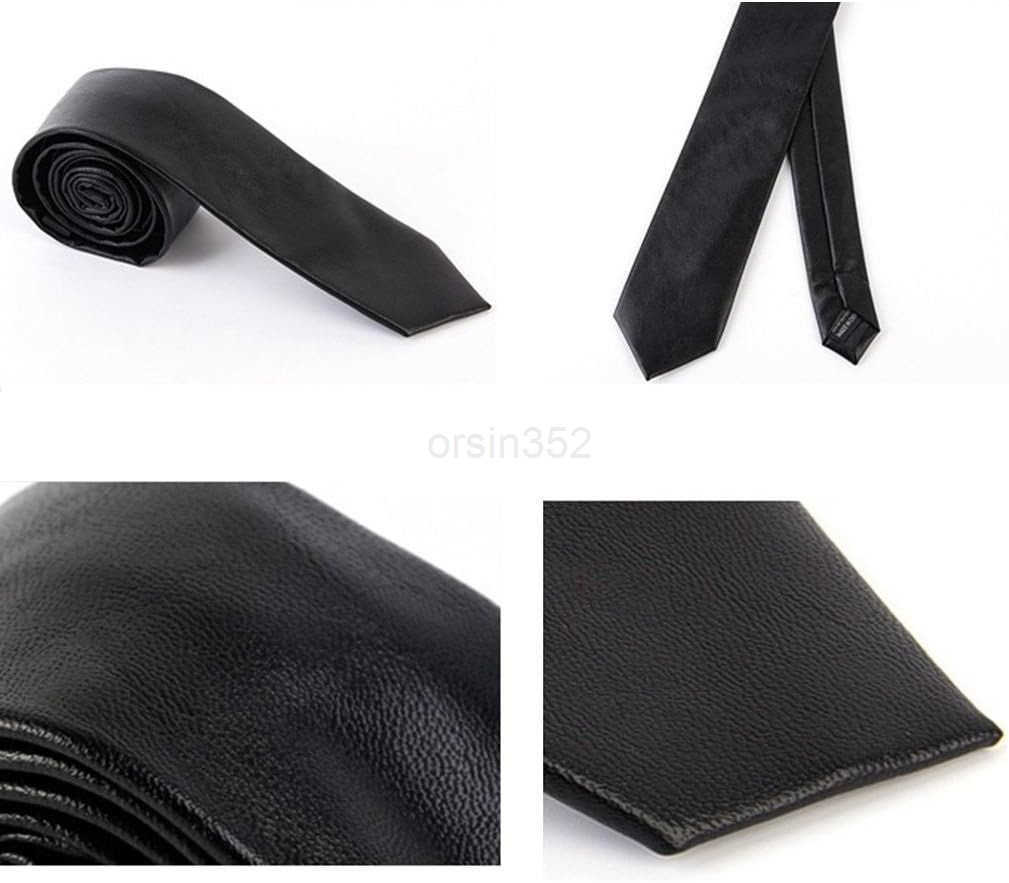 Mens Skinny Tie Handmade PU Leather Black Narrow NecktieW250904