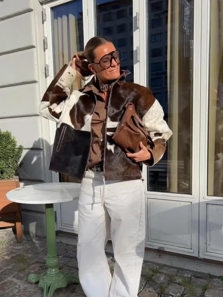 Cow Print Faux Fur Jacket Coat Women Oversized Zip Up Stand Collar Long Sleeve Vintage Streetwear Early Autumn Outerwear 250903