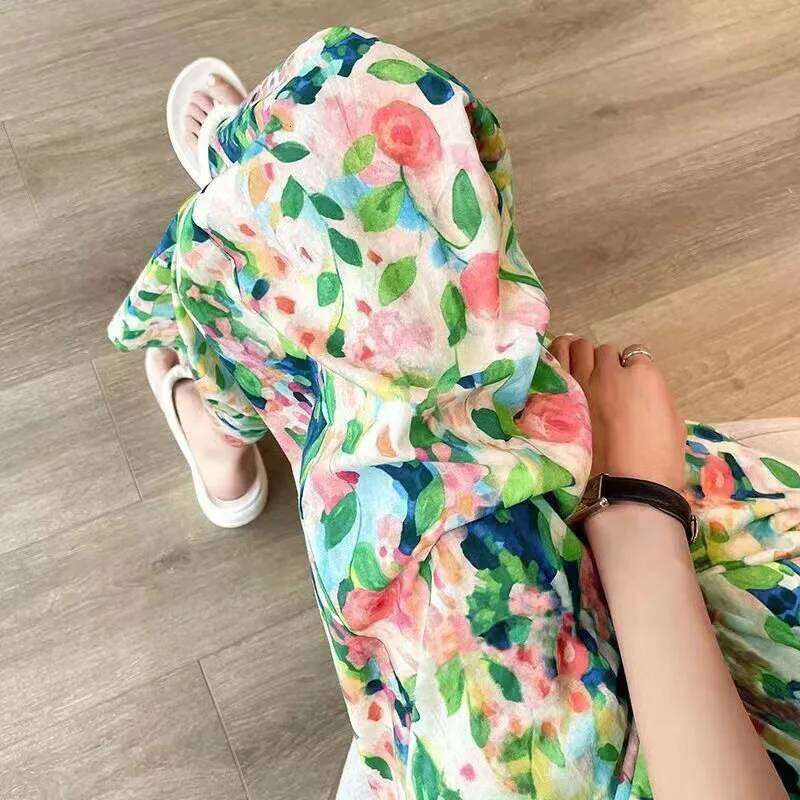 Beach Pants Loose Wide-Leg Female Seaside Leisure INS High Waist Cropped Pant Straight Floral Trousers 2024 Summer New