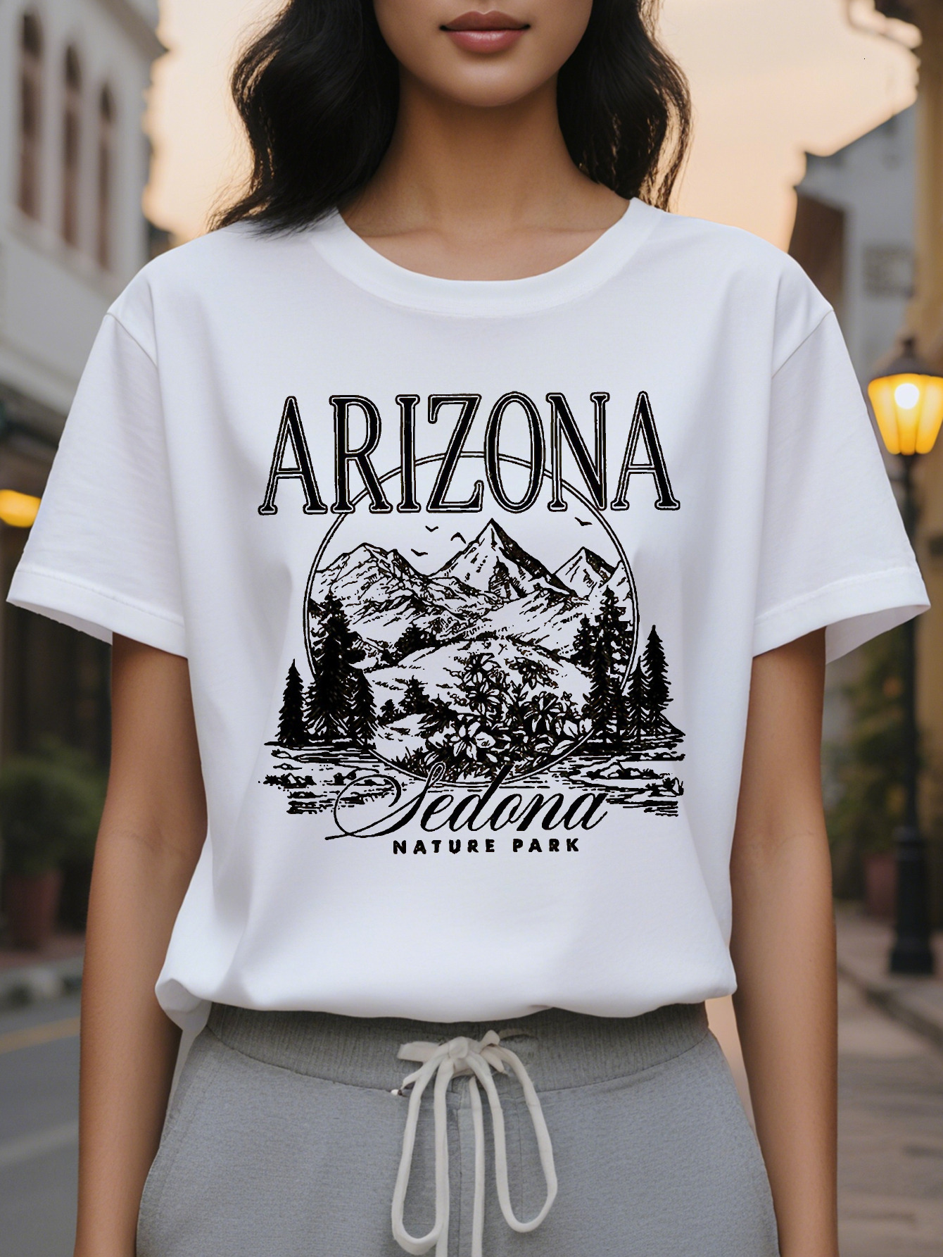 Ladies Arizona Pattern Printed T Shirt Bright Pink Slim Short Sleeve Jacket Desert Landscape Design Breathable Crew