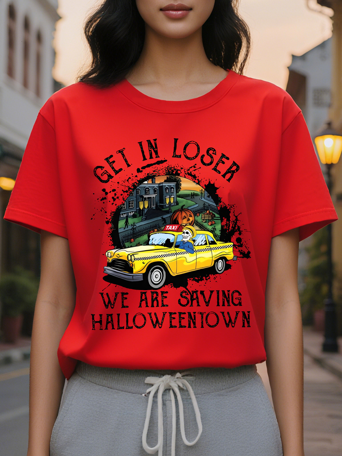 Halloween Printed Women's Spring and Summer Fitted Round Neck T-Shirt