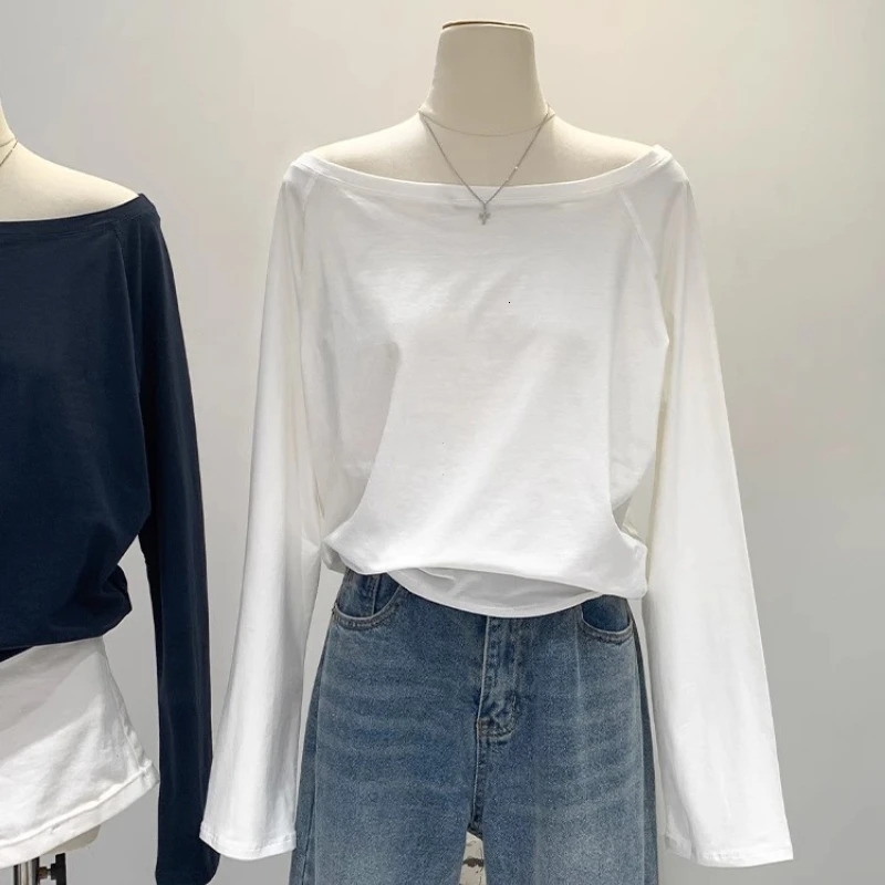 One Shoulder Cotton Slant Long Sleeve Womens Clothing Style Interior Wide Truffle Base Autumn Winter Shirt w250903