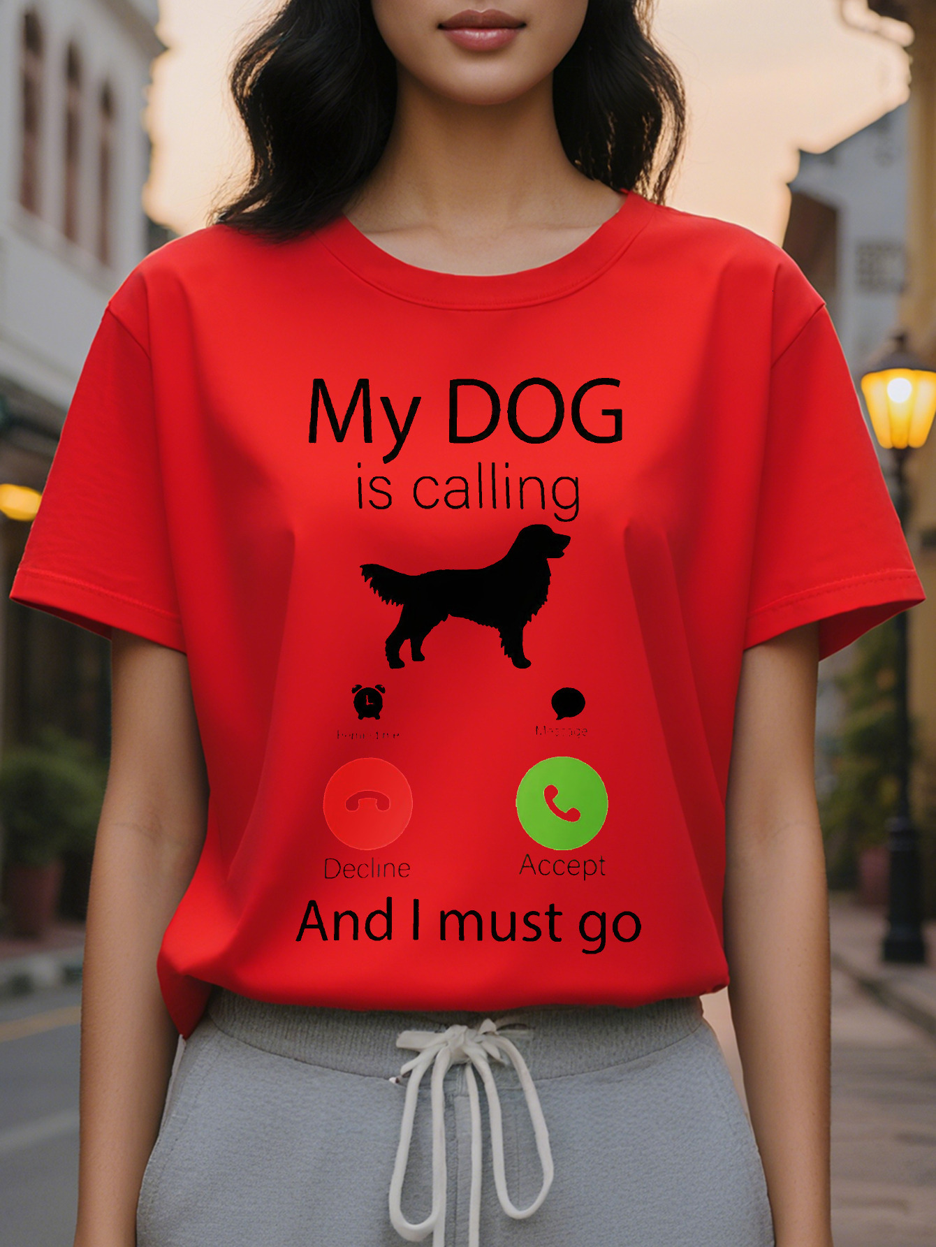 Large XL PC Women S Casual Crew Neck T-Shirt with My Dog Is Calling Print Cotton Rayon Blend Regular Length All Season Knit Plus Size