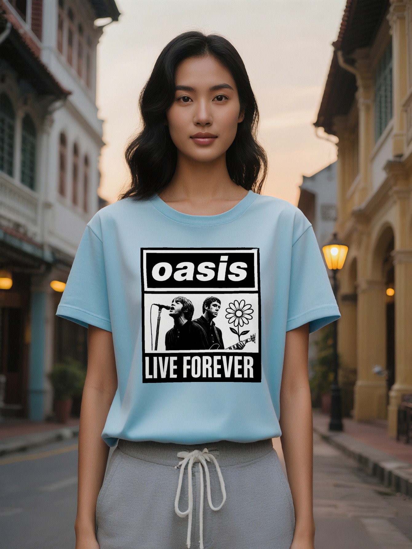 Large XL Lady Live Forever Lyrics Floral Designer Graphic T-Shirt Vintage Band Black with White Print Casual Everyday Concert Plus Size