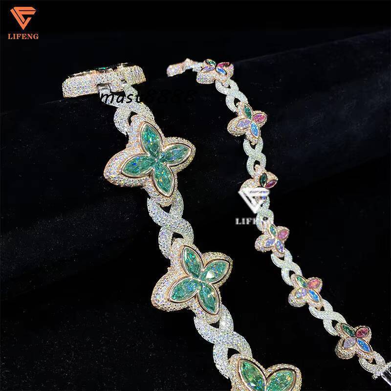 Lifeng Custom Colored Flower Cuban Bracelet 925 Sterling Silver Fine Jewelry for Women VVS Moissanite Diamond Infinity Bracelet