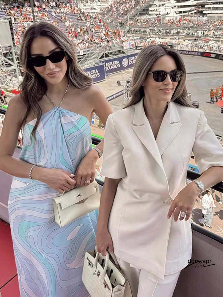 Ddmyday Casual Dresses Printed Ripple Backless Halter Long Dress Woman Loose Irregular Hem Sleeveless Robes Fashion Vacation Women's Ddmyday Ddmy