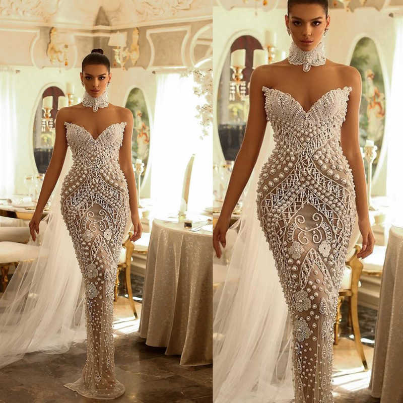 Exquisite Sweetheart Pearls Sheath Wedding Dress Beaded Sleeveless Lace Bridal Dress Floor Length Customized vestidos de novia