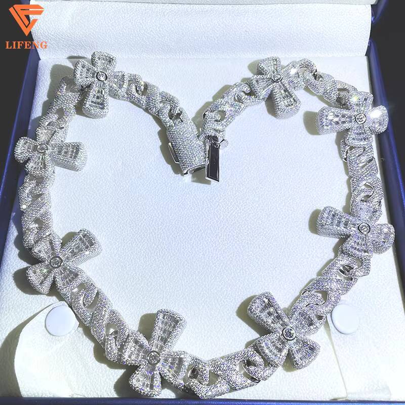 New Cross Cuban Link Chain 925 Silver Baguette Moissanite Iced Diamond Hip Hop Necklace for Men Cluster Necklace