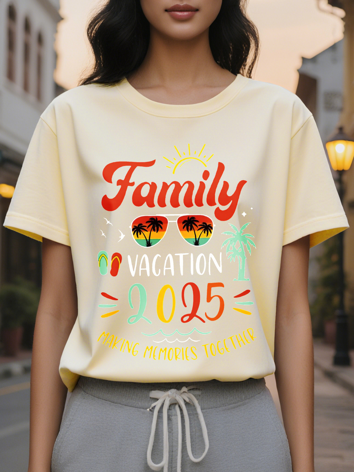 Large XL Women's Casual Graphic Print Round Neck T-Shirt Vacation Design with Palm Trees Sunset Medium Stretch Plus Size