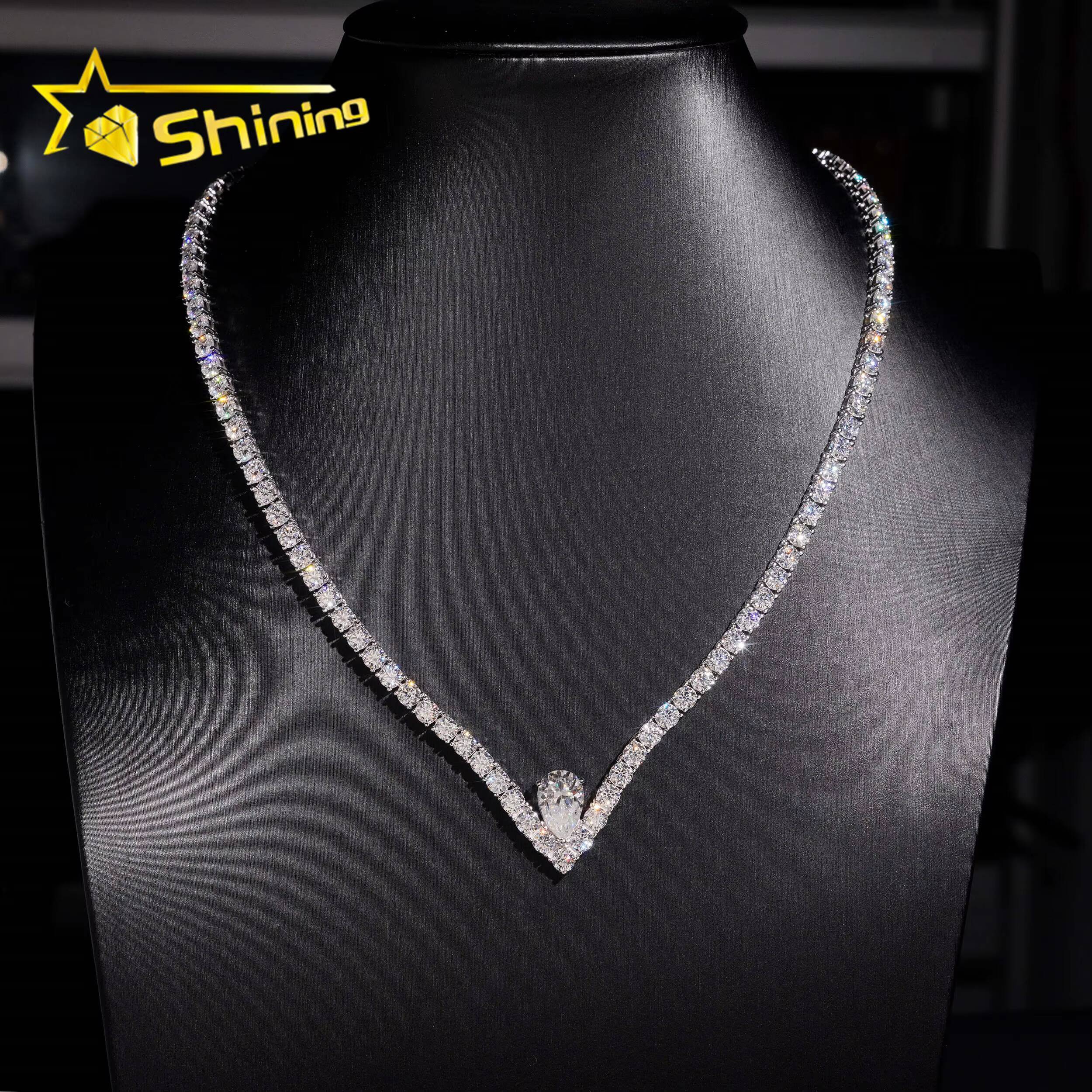 New Arrival Fine Jewelry Necklaces 925 Silver 4mm Moissanite Tennis Chain with Pear Cut Pendant Custom Fashion Chains Necklaces
