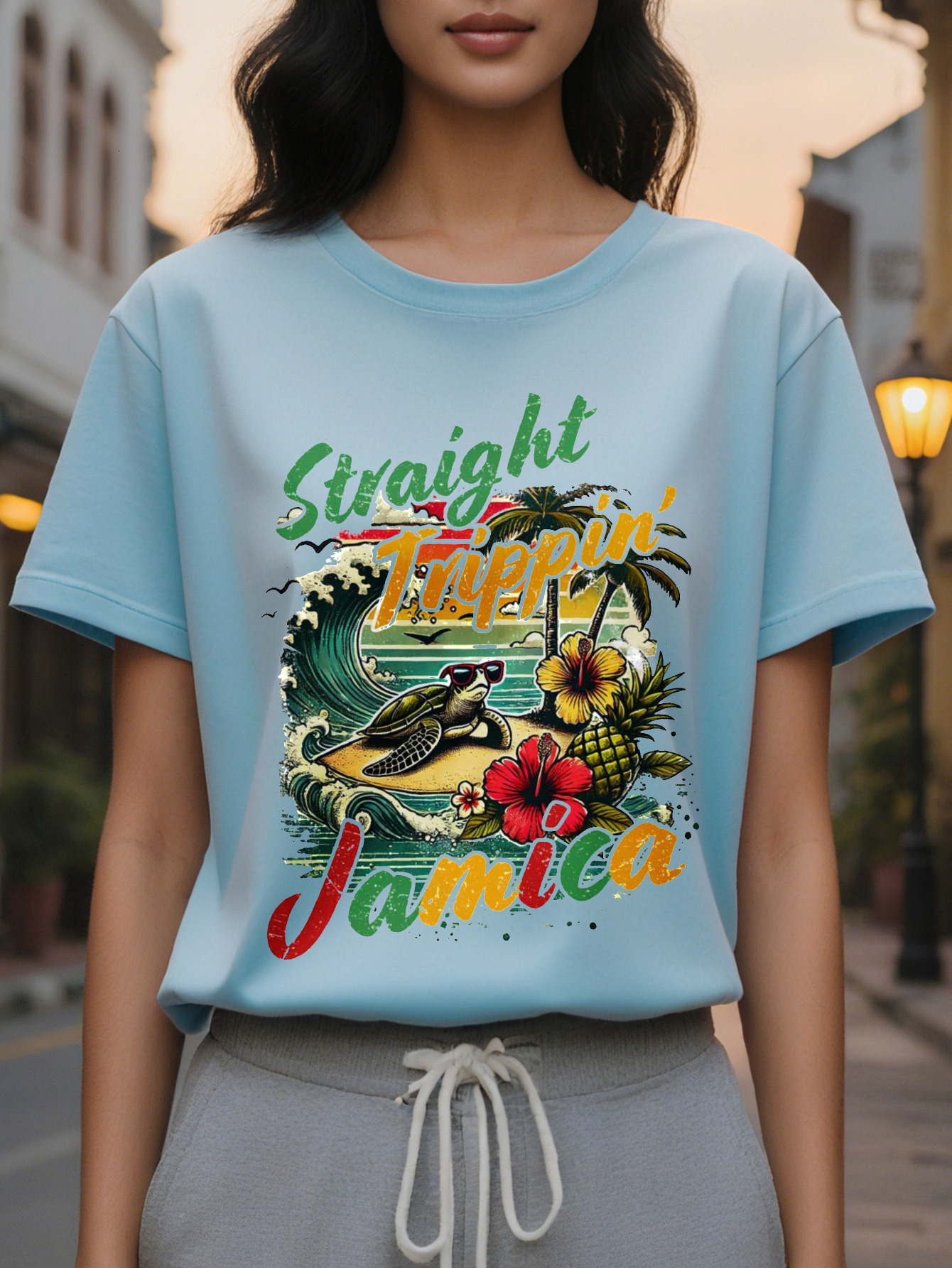 Women's elegant cuffs T-shirt, white tropical print with Straight Outta Taino Jamaica palm tree and wave design
