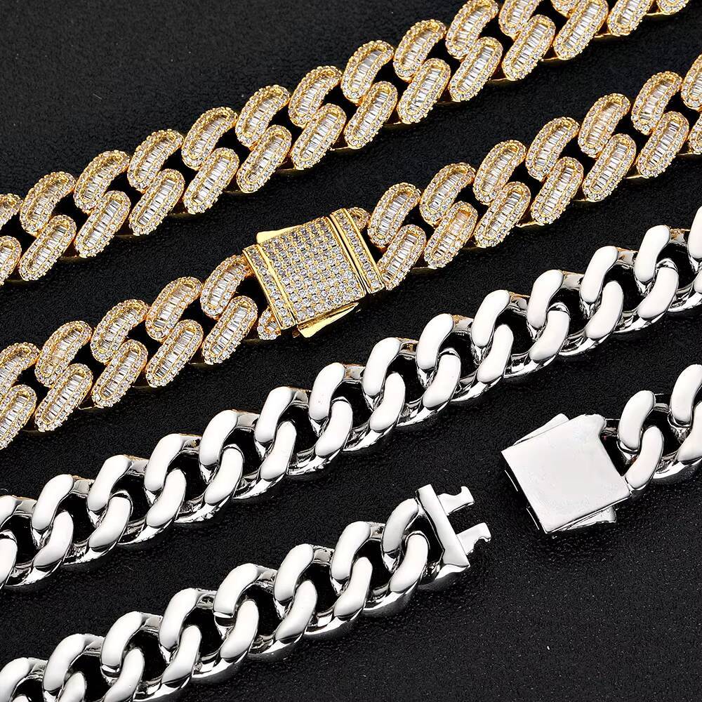 NUOYA Iced Out Moissanite Diamonds Cuban Chain Bracelet 15MM Width Bling Baguette Design Spring Clasp Cuban Link Chain for Women