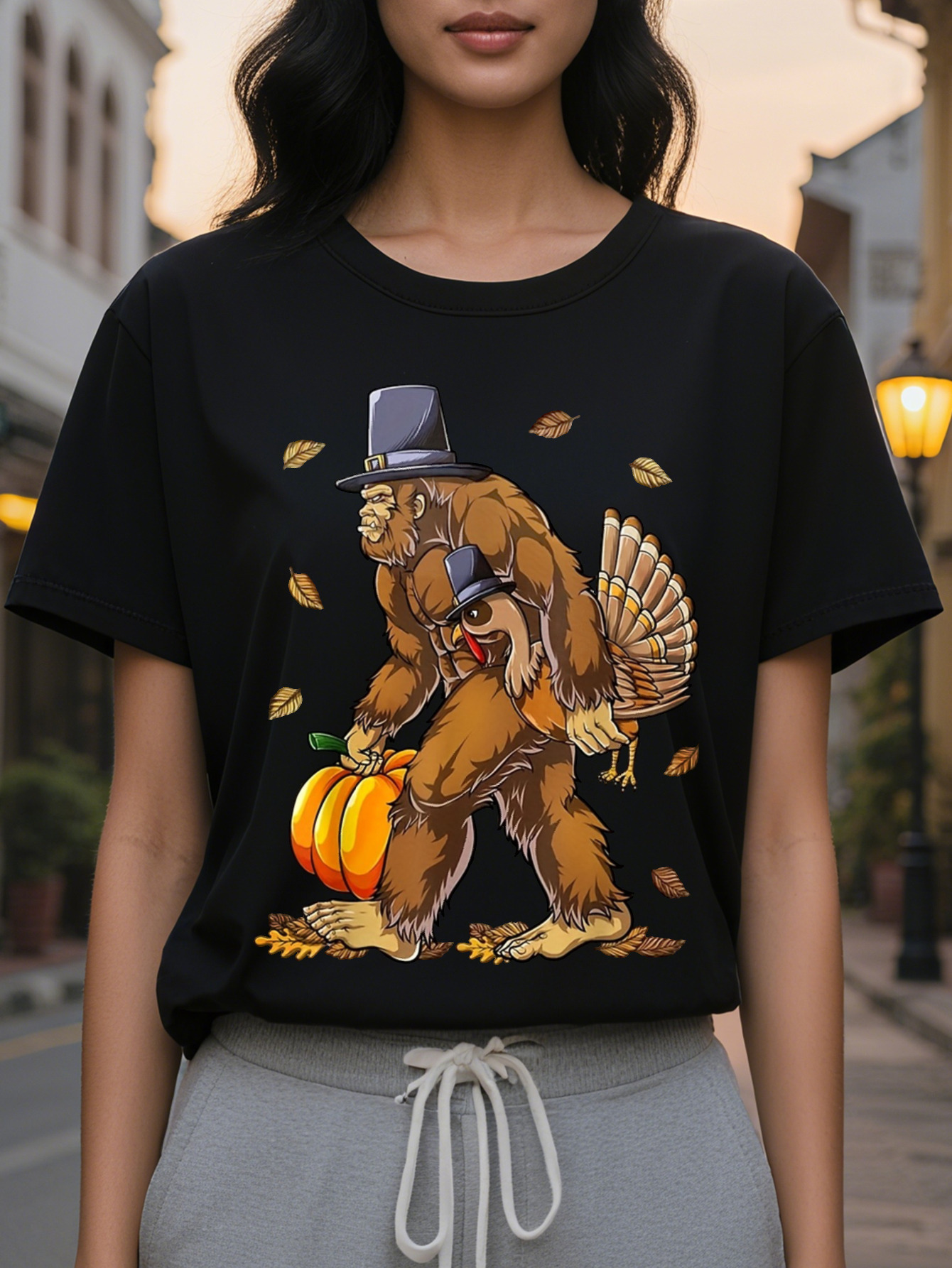 Large XL Women S T-Shirt Cute Pumpkin Bear Printed Hat Graphic Soft Beige Loose Fit Tee Everyday Party Outfit All Season Casual Plus Size