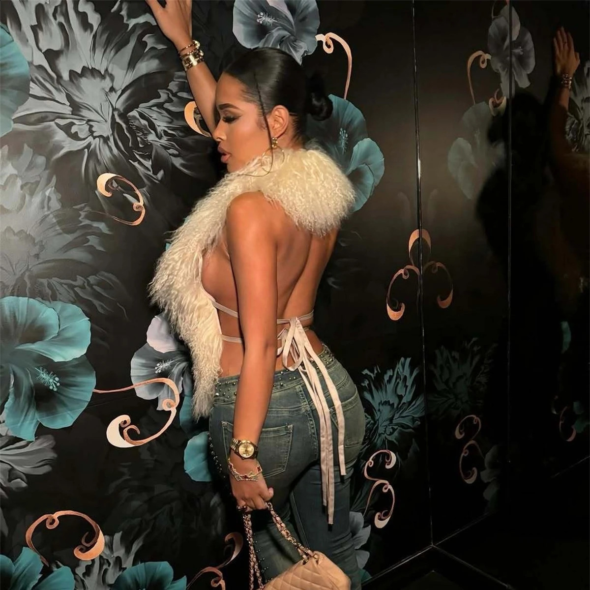 Fluffy Sexy Faux Mongolian Fur Halter Vests Women Solid Deep V-Neck Backless Bandage Sleeveless Jacket Top Outerwear Coat 250823