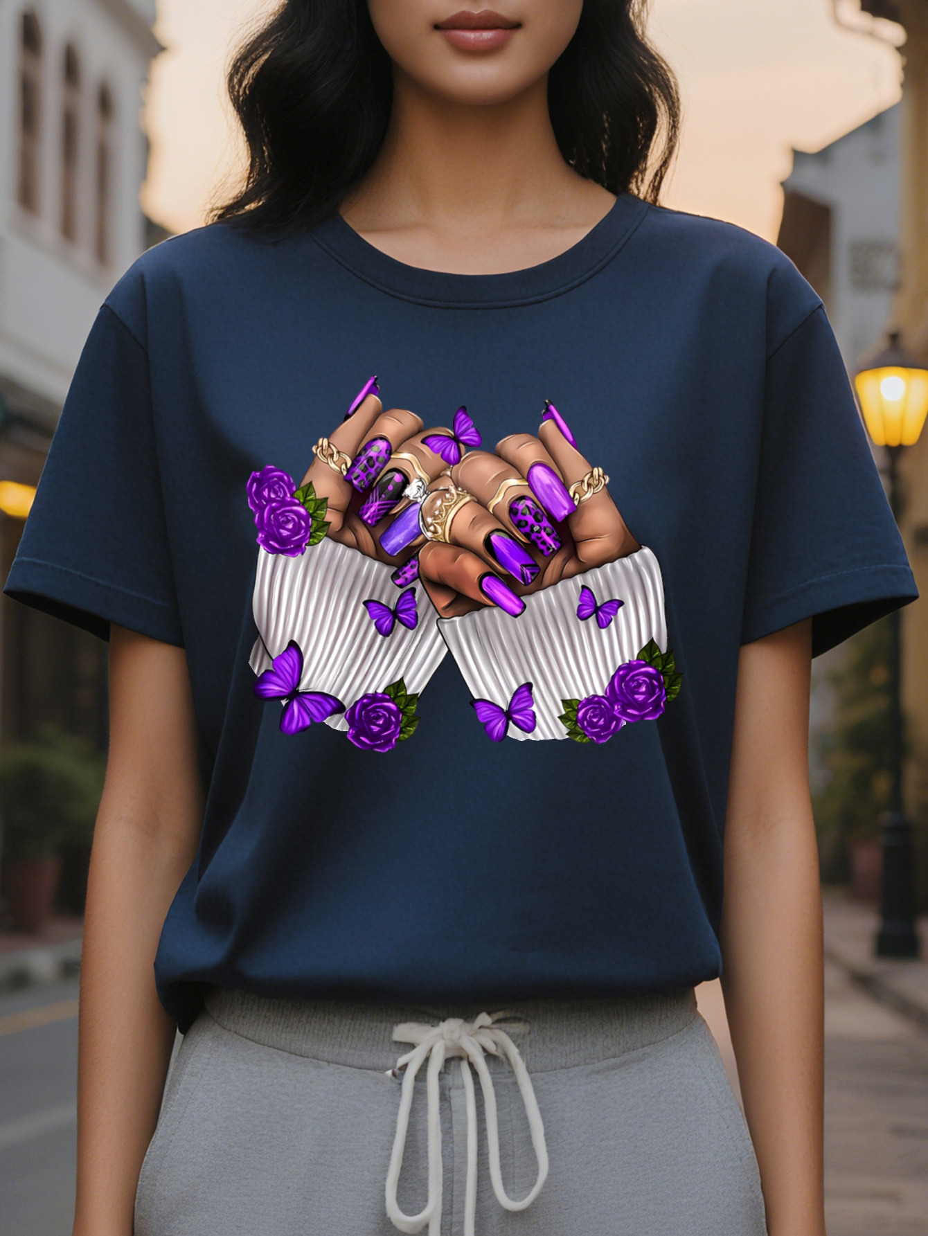 Large XL Women's Purple Butterfly Rose Nail Art Print Short Sleeve T-Shirt Casual Round Neck Summer Top Washable Plus Size