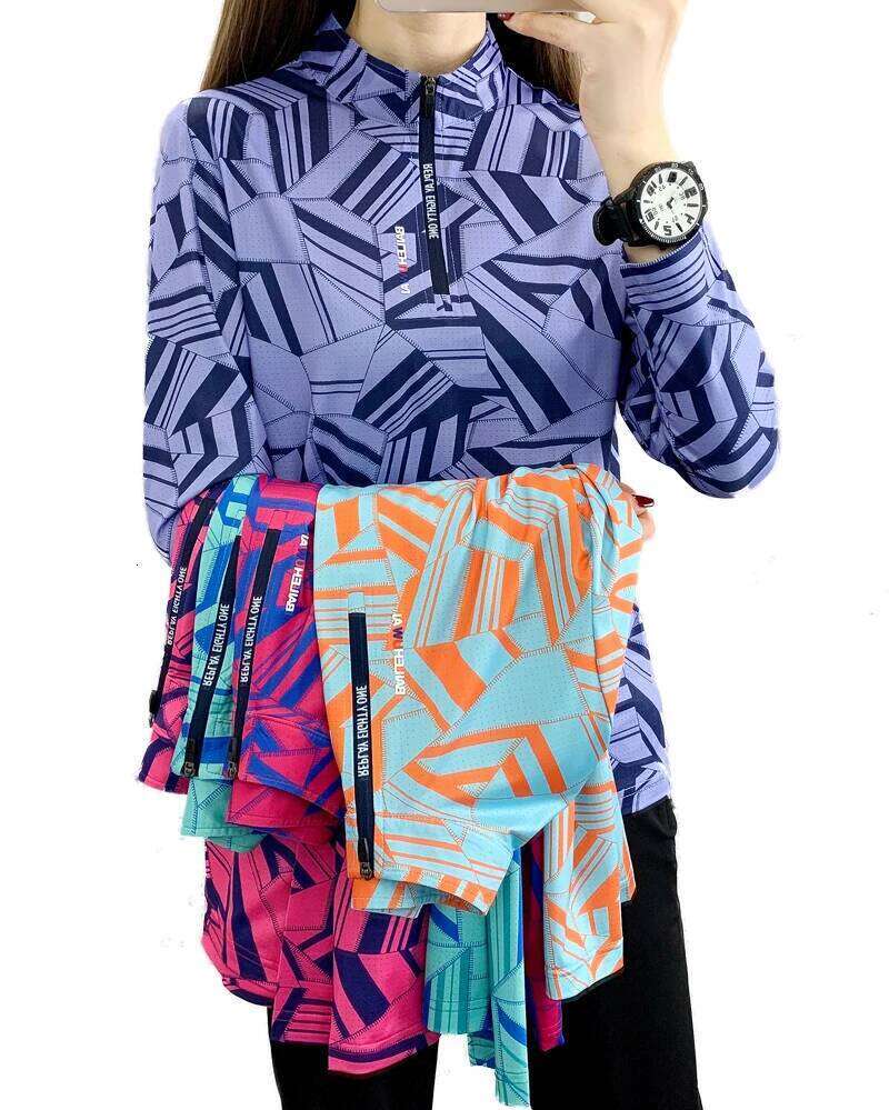 Women's Breathable Outdoor Sports Quick Dry Print Shirt Ladies Running Hiking Long Sleeve UV Clothing Camping Stand Collar Top