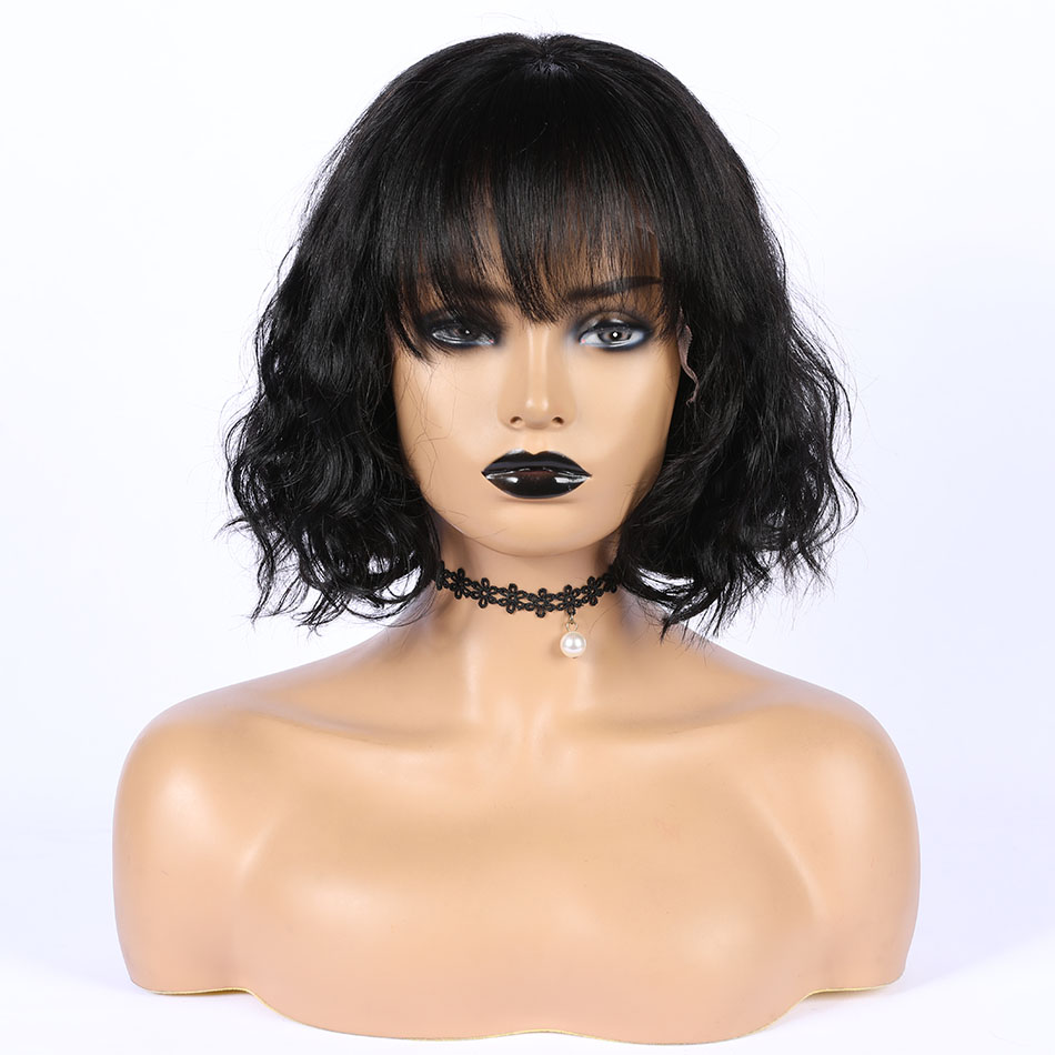 Natural wavy bob Human Hair Wigs For Women short slight wave machine made none lace Wigs Human Hair Bob Wig With curtain bang fringe