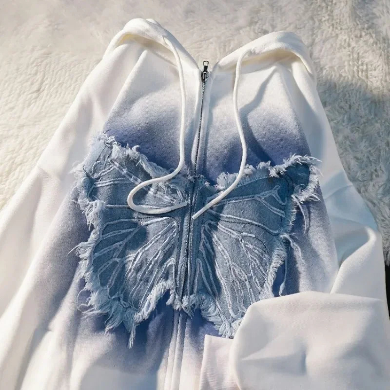 American Street BF Wind Butterfly Hooded Sweater Female Y2k Zipper Fashion Loose Cardigan Couple Gothic 250904