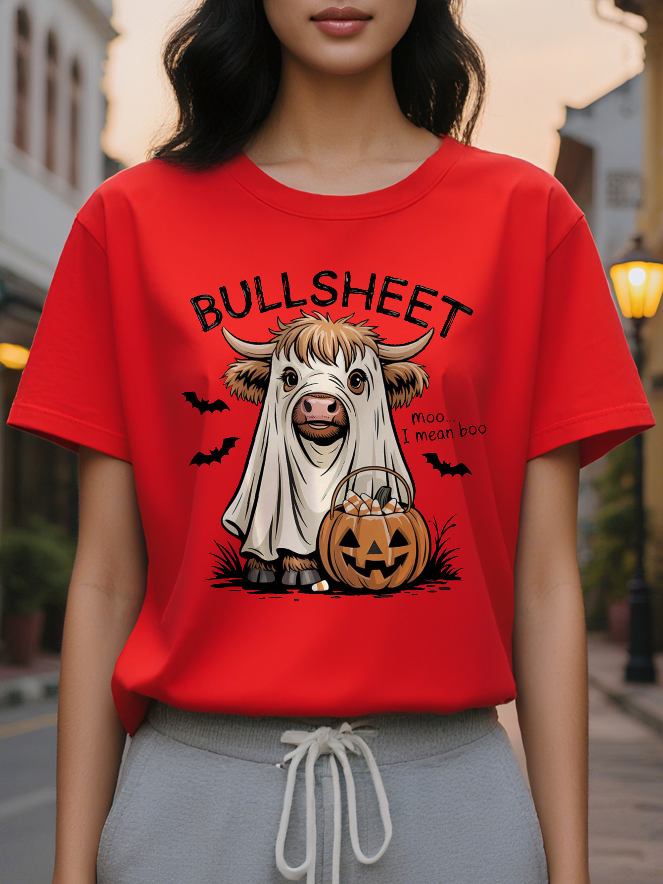 Women's Fun Bullsheet T-shirt Scottish Mooooo Print Halloween Theme Party Casual Summer Crewneck Top Washable