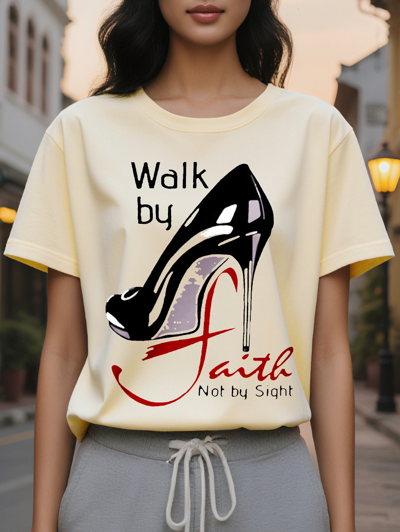 Large XL Walk by Faith Graphic Tee Soft Mid Elasticity Cotton Crew Neck Short Sleeve Top SpringSummer Regular Length hine Plus Size