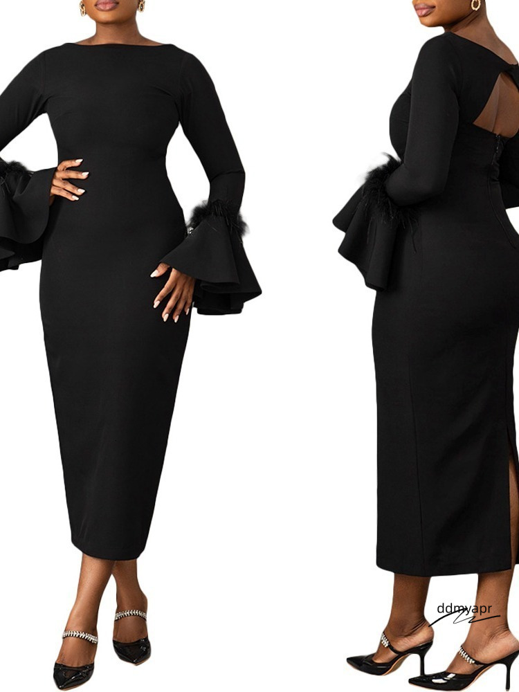 Uoozee Spring Elegant Ddmyday Banquet Fashion Solid Color Feather Sleeves A-Line Party Ball Long Dress 241019 Ddmyday Ddmyday Ddmyday Ddmyday