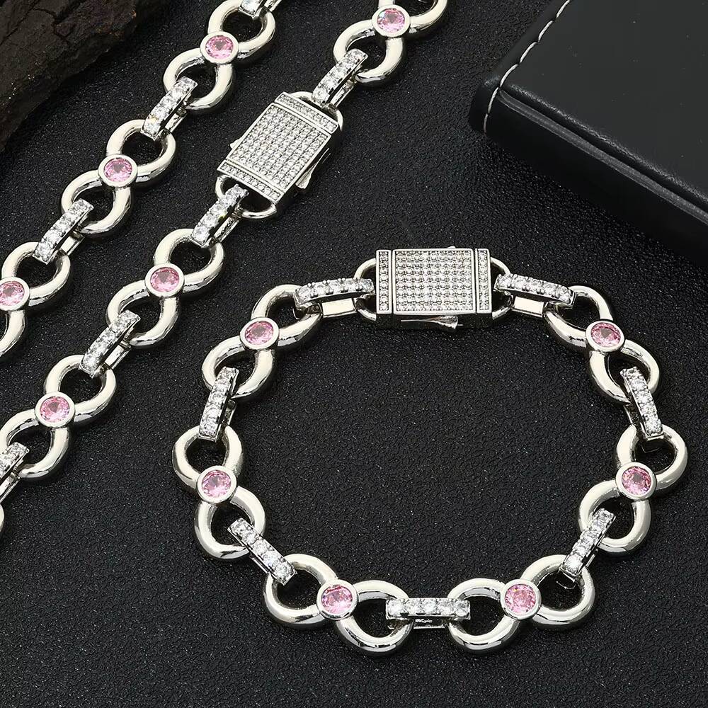 NUOYA Womens Hip Hop Diamond Bracelet Gold Plated Pink Moissanite Infinity Link Chain Elastic Clasp Chain Bracelet Jewelry for Gift