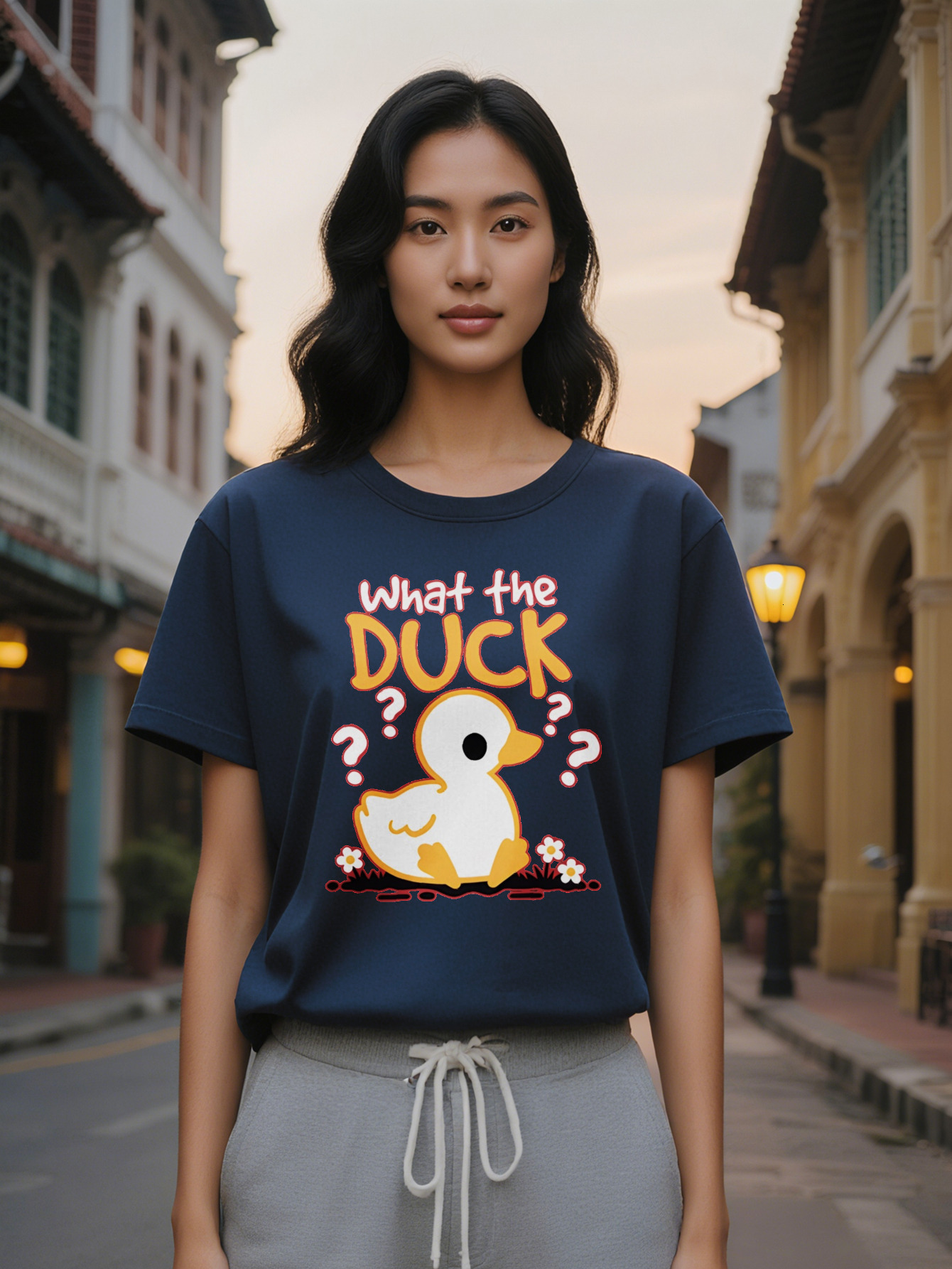 Large XL Women's Casual Graphic T-Shirt with What the Humorous Print Black Round Neck Summer Tee Featuring Yellow Duck Floral Plus Size