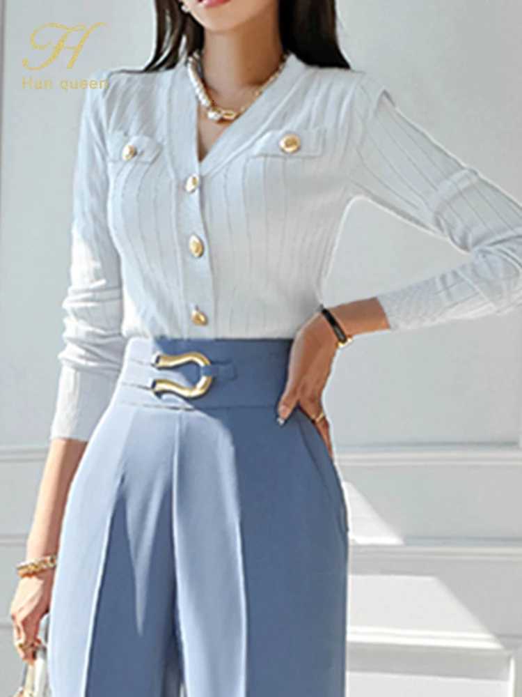 H Han Queen Korean Chic VNeck Knitted Cardigan Sweater For Women Casual Basic Long Sleeve Cardigans Autumn Vintage Sweaters Top M250904