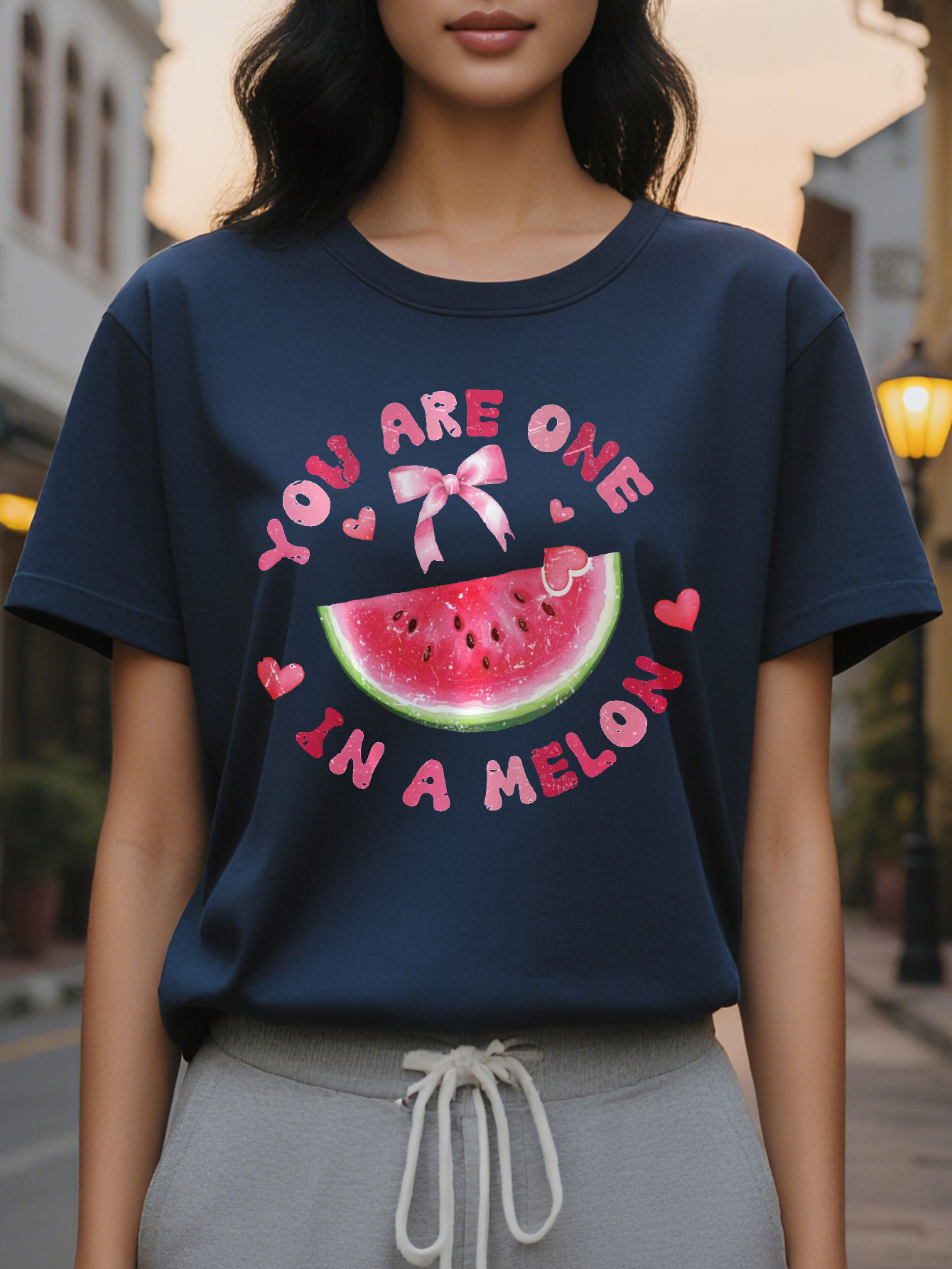 Ladies, you are unique pattern T-shirt with a funny watermelon love design, soft elastic round neck casual